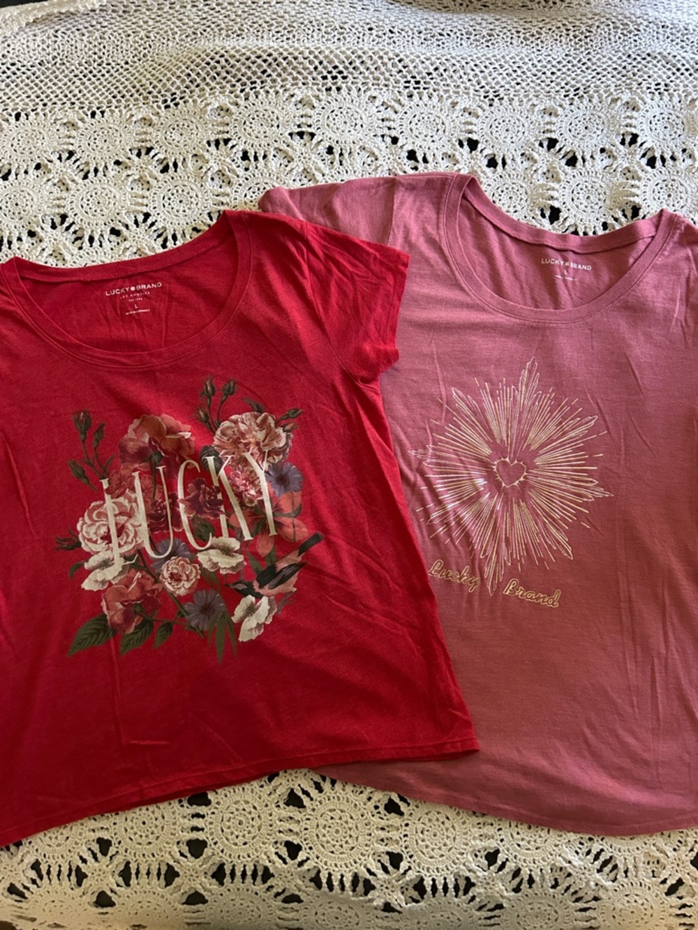 Lucky Brand Red Floral Tee & Pink Heart Burst Tee - Women’s Size Large